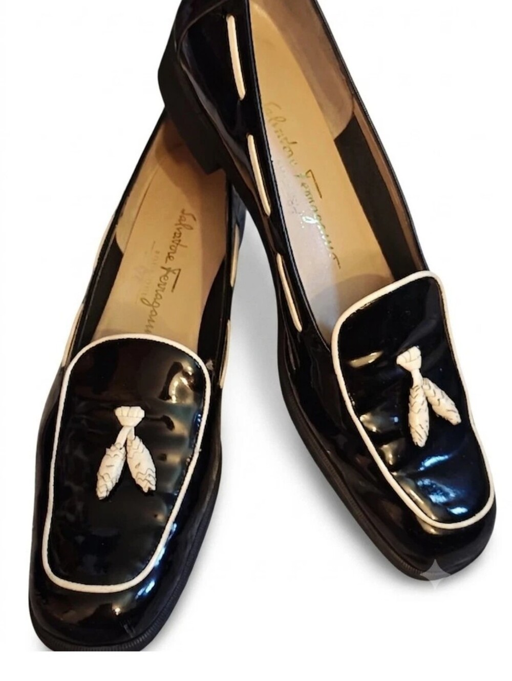 Salvatore Ferragamo Black Patent Loafers with White Trim and Tassel Detail - Picture 1 of 4